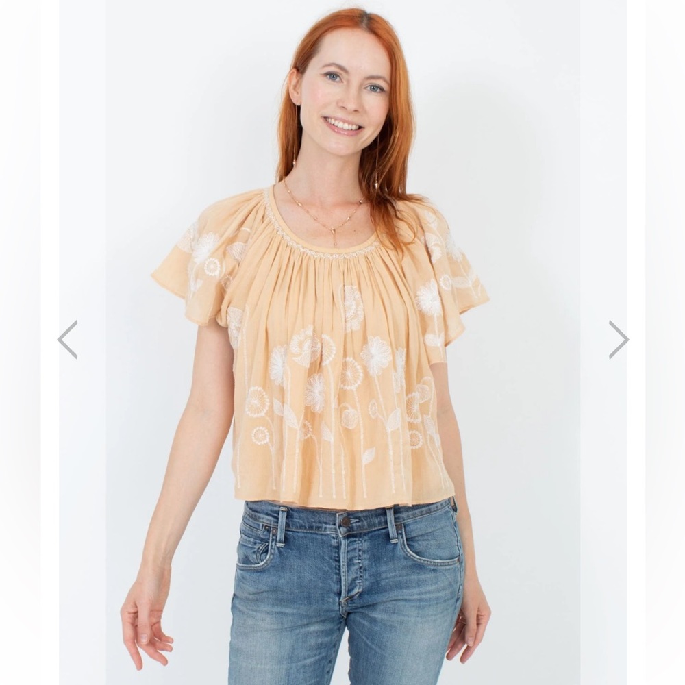 THE GREAT. Peach Embroidered Flutter-Sleeve Blouse